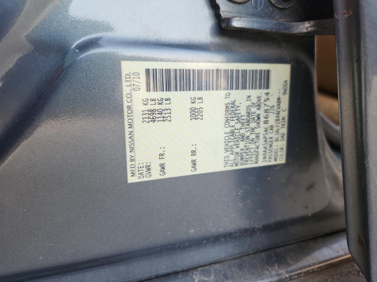 2010 Nissan Maxima S VIN: 1N4AA5AP5AC868754 Lot: 93109035