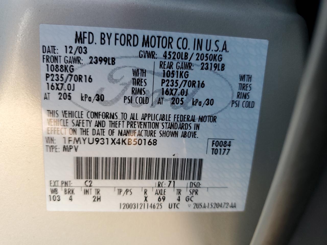 2004 Ford Escape Xlt VIN: 1FMYU931X4KB50168 Lot: 91124035