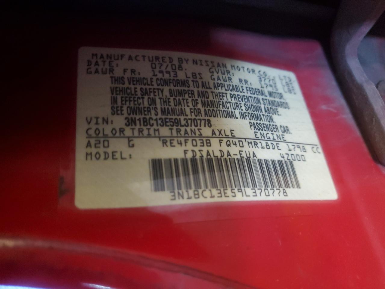 2009 Nissan Versa S VIN: 3N1BC13E59L370778 Lot: 92486765