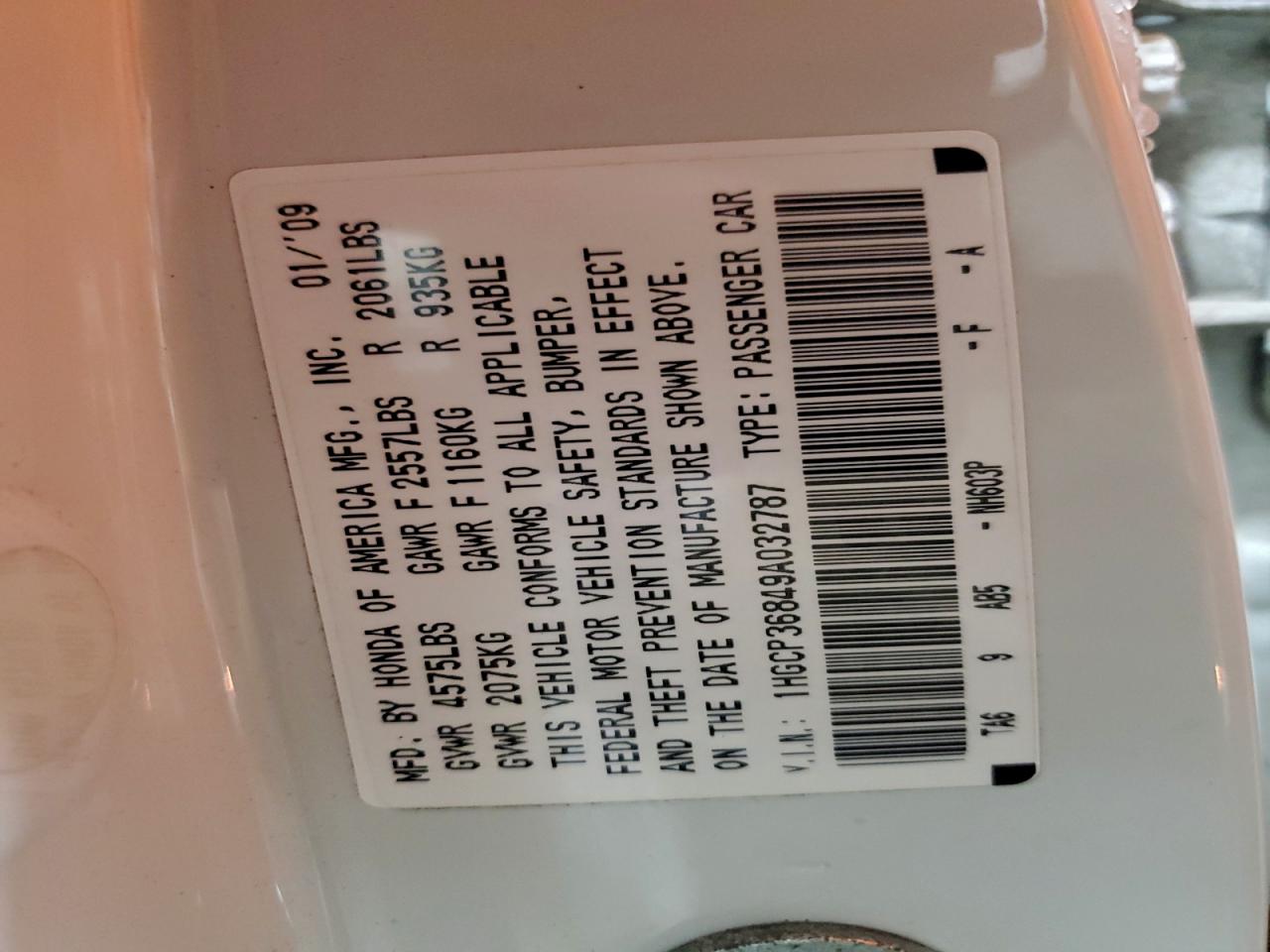 2009 Honda Accord Exl VIN: 1HGCP36849A032787 Lot: 94361525