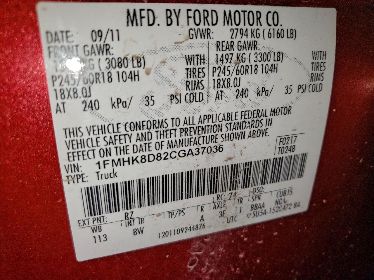 2012 Ford Explorer Xlt VIN: 1FMHK8D82CGA37036 Lot: 93830065