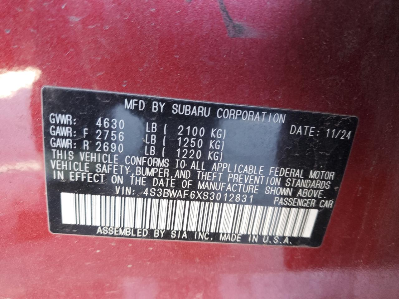 2025 Subaru Legacy Premium VIN: 4S3BWAF6XS3012831 Lot: 92479225