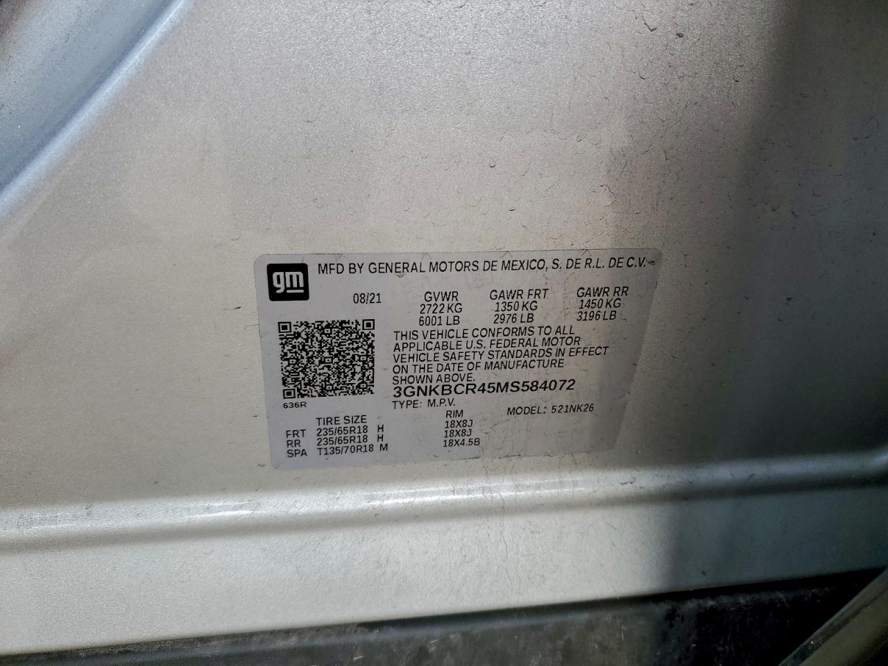 2021 Chevrolet Blazer 2Lt VIN: 3GNKBCR45MS584072 Lot: 92757385