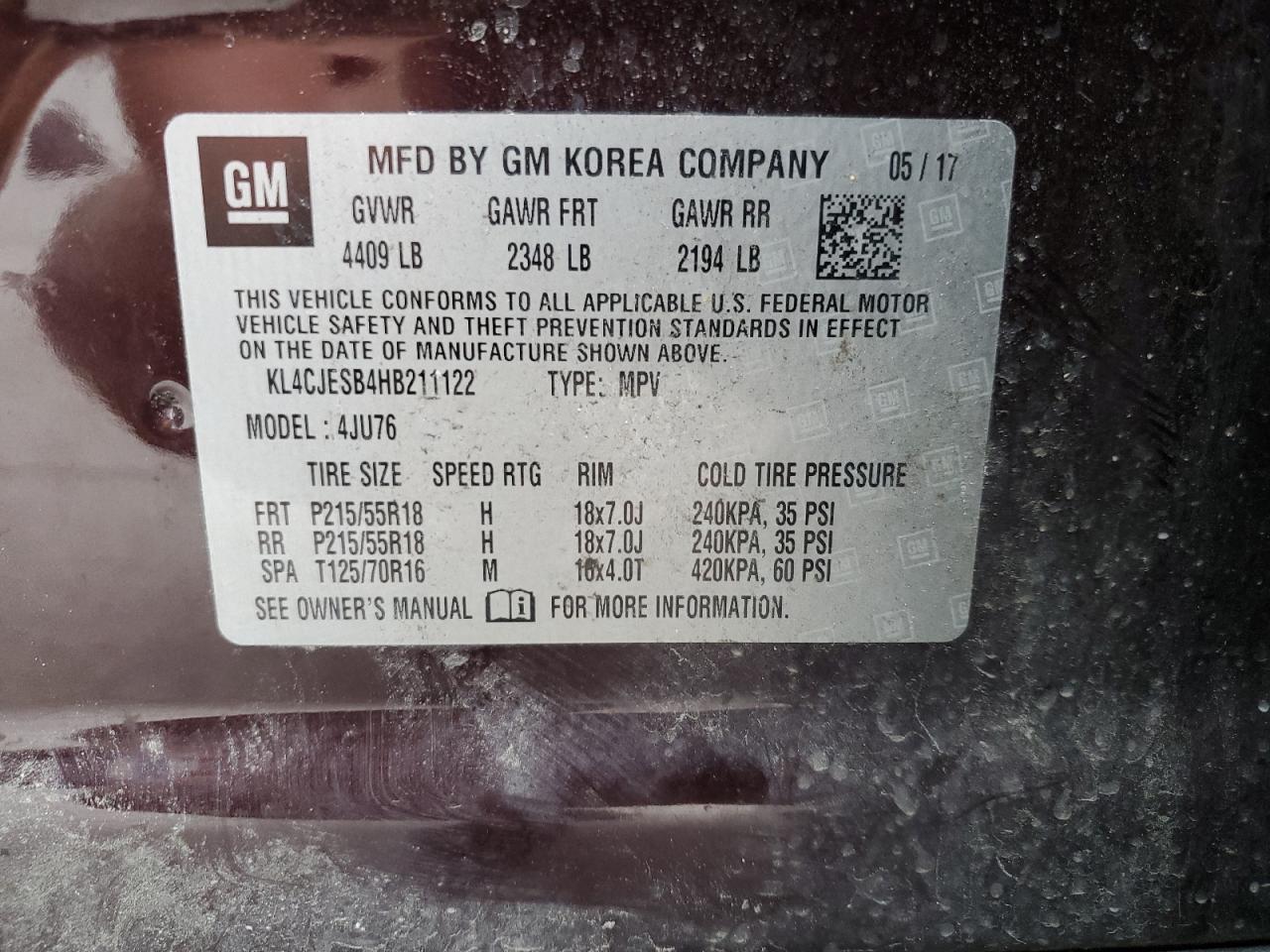 2017 Buick Encore Preferred VIN: KL4CJESB4HB211122 Lot: 91433045