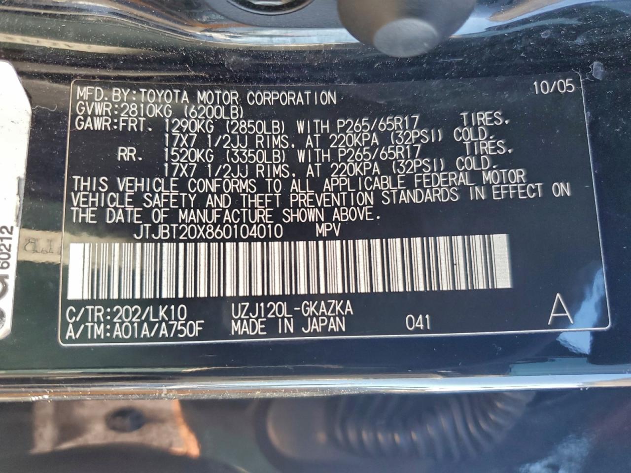 2006 Lexus Gx 470 VIN: JTJBT20X860104010 Lot: 94595315