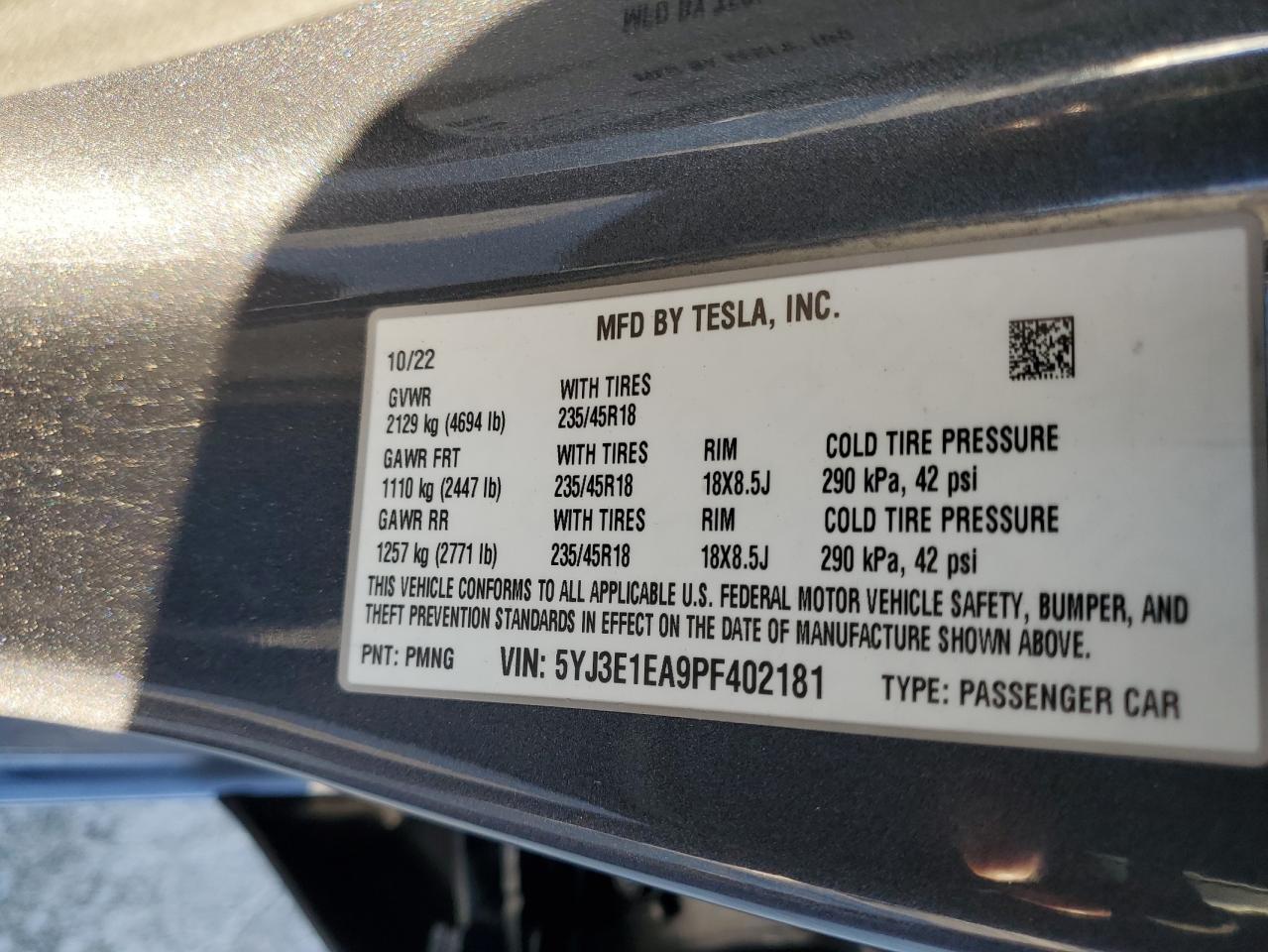 2023 Tesla Model 3 VIN: 5YJ3E1EA9PF402181 Lot: 93427295
