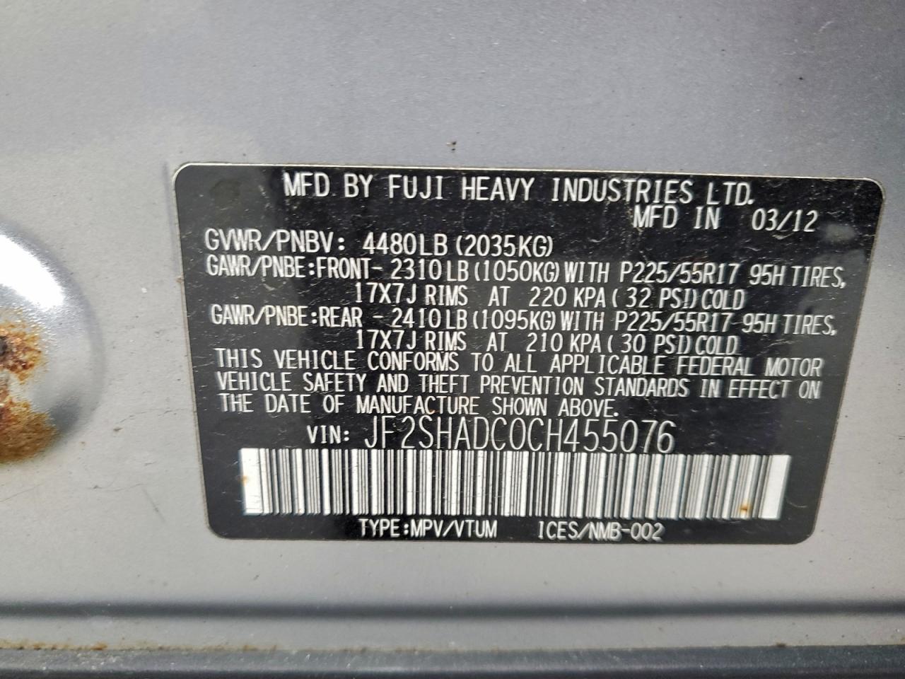 2012 Subaru Forester 2.5X Premium VIN: JF2SHADC0CH455076 Lot: 93825585