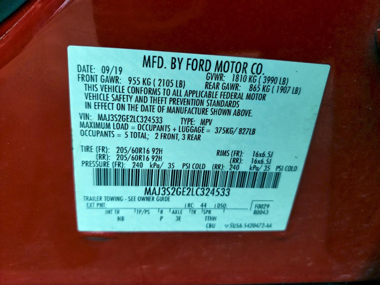 2020 Ford Ecosport Se VIN: MAJ3S2GE2LC324533 Lot: 94092105