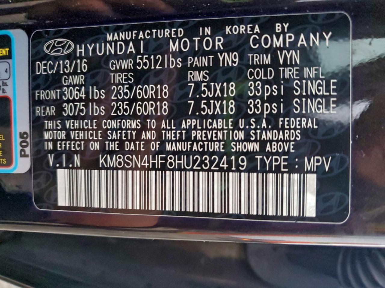 2017 Hyundai Santa Fe Se VIN: KM8SN4HF8HU232419 Lot: 93431915