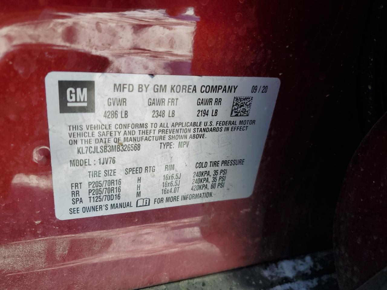 2021 Chevrolet Trax 1Lt VIN: KL7CJLSB3MB326568 Lot: 91765625