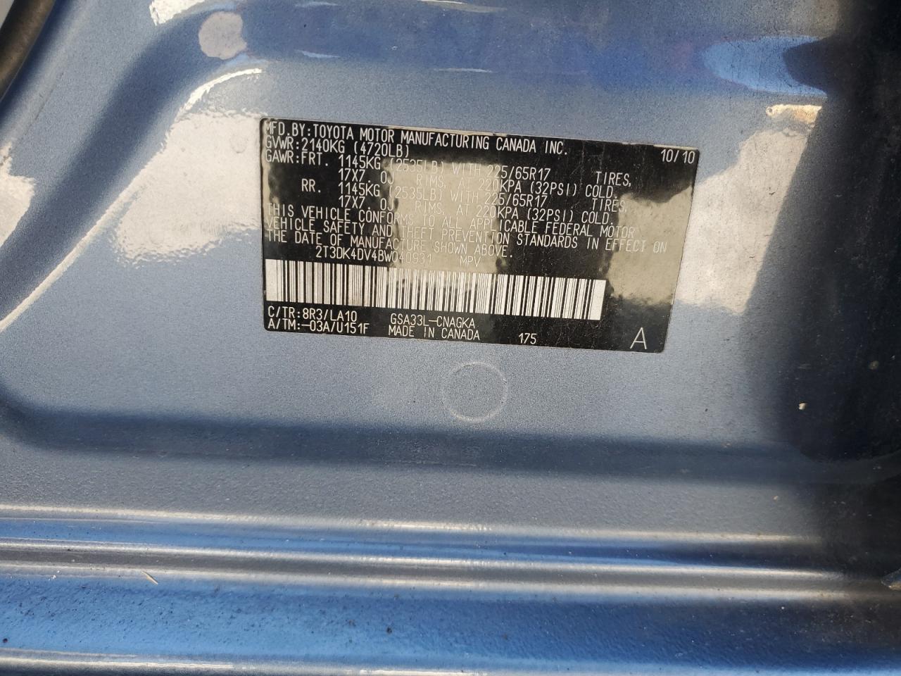 2011 Toyota Rav4 Limited VIN: 2T3DK4DV4BW040931 Lot: 91395525