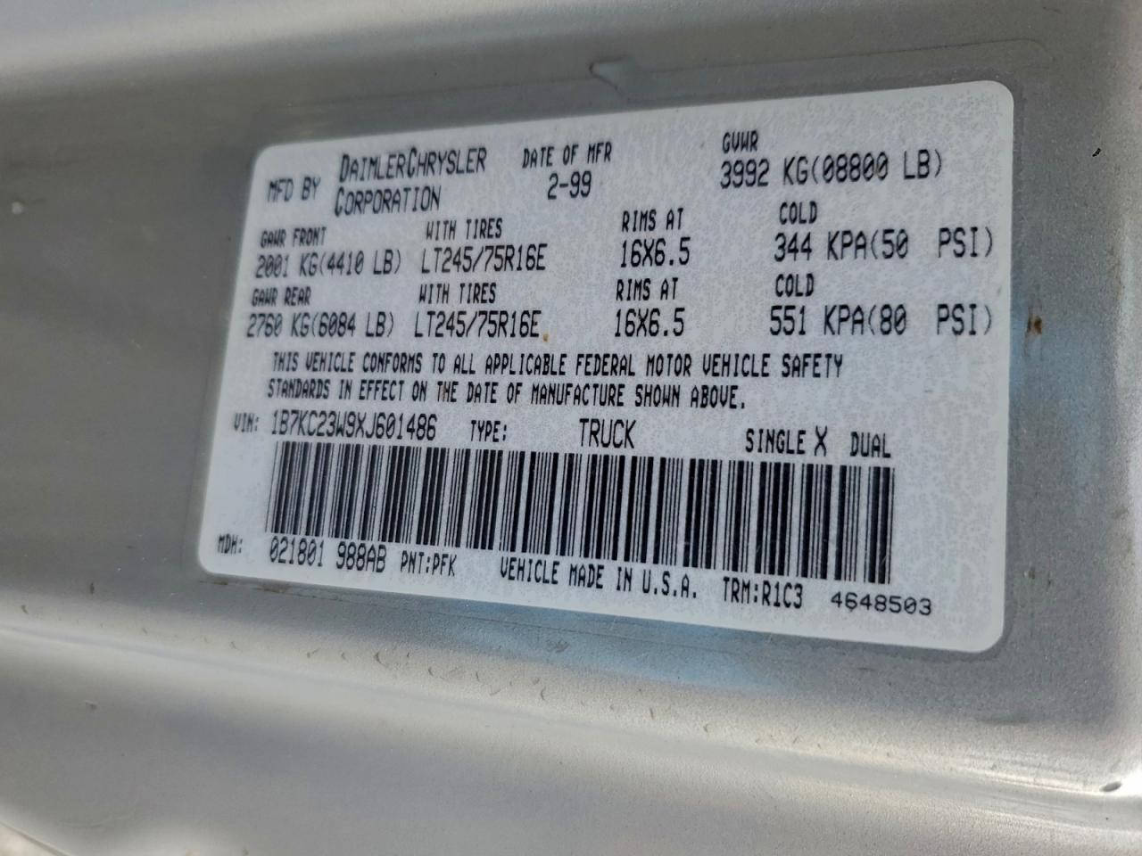 1999 Dodge Ram 2500 VIN: 1B7KC23W9XJ601486 Lot: 94072255