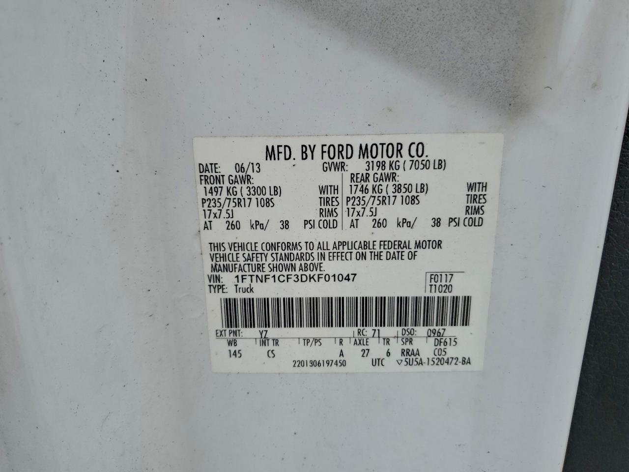 2013 Ford F150 VIN: 1FTNF1CF3DKF01047 Lot: 93815765