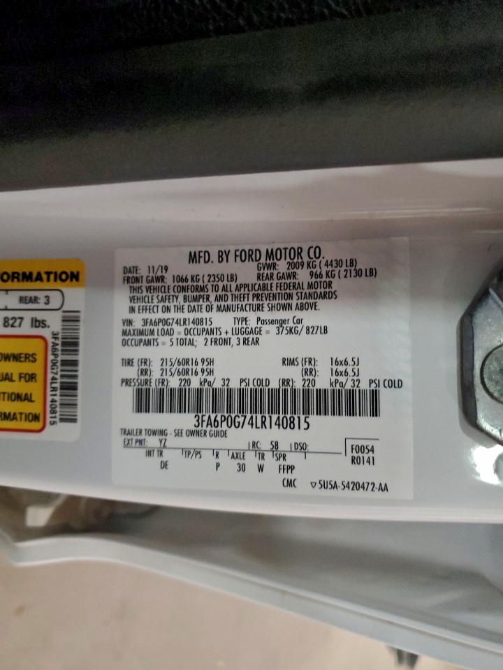 2020 Ford Fusion S VIN: 3FA6P0G74LR140815 Lot: 94060265