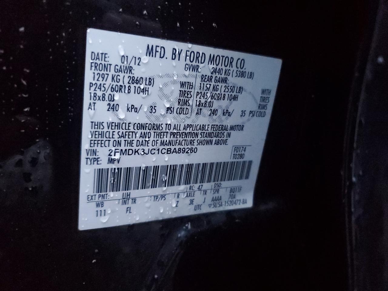 2012 Ford Edge Sel VIN: 2FMDK3JC1CBA89260 Lot: 91907945