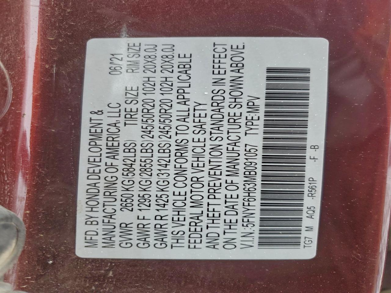 2021 Honda Pilot Touring VIN: 5FNYF6H63MB091057 Lot: 94487305