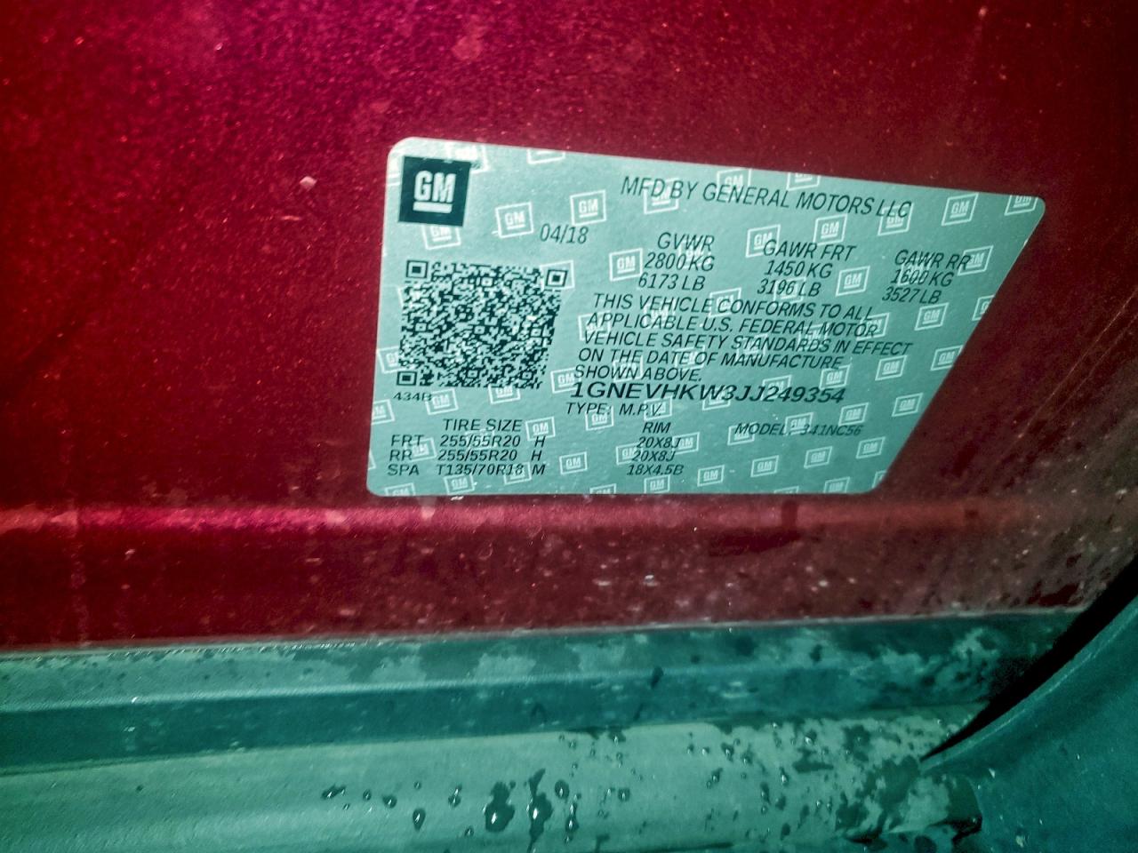 2018 Chevrolet Traverse Lt VIN: 1GNEVHKW3JJ249354 Lot: 93665655