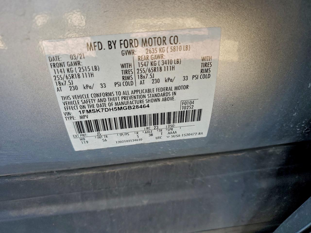 2021 Ford Explorer Xlt VIN: 1FMSK7DH5MGB28464 Lot: 94503165