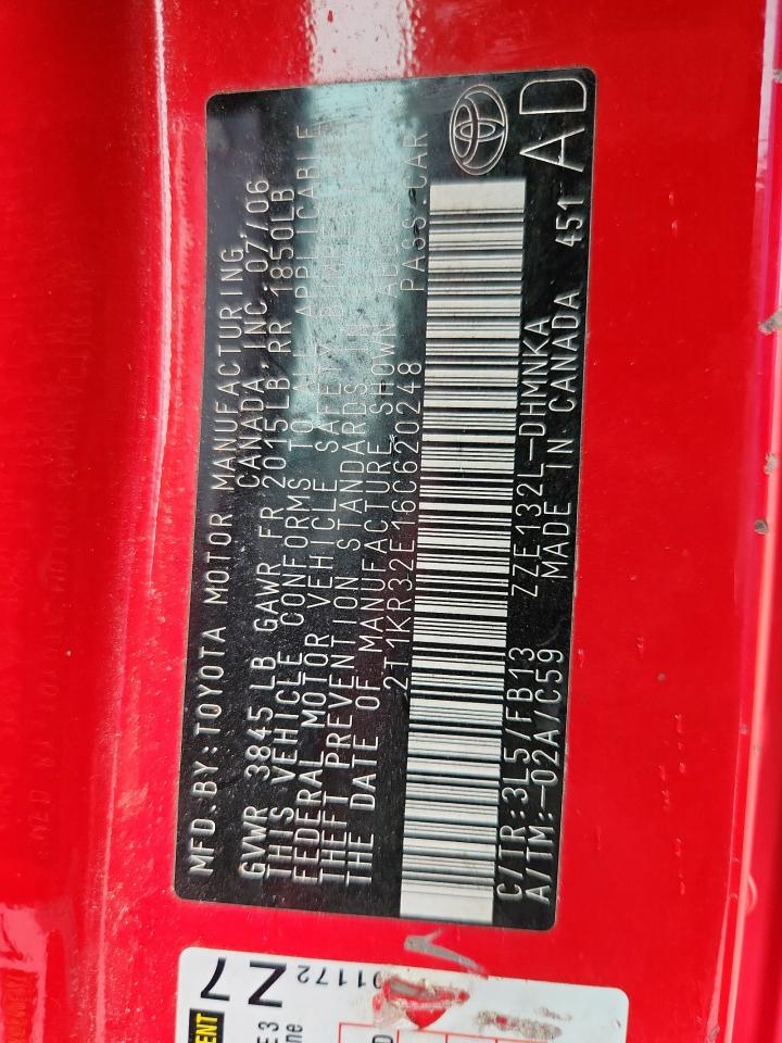 2006 Toyota Corolla Matrix Xr VIN: 2T1KR32E16C620248 Lot: 93655075