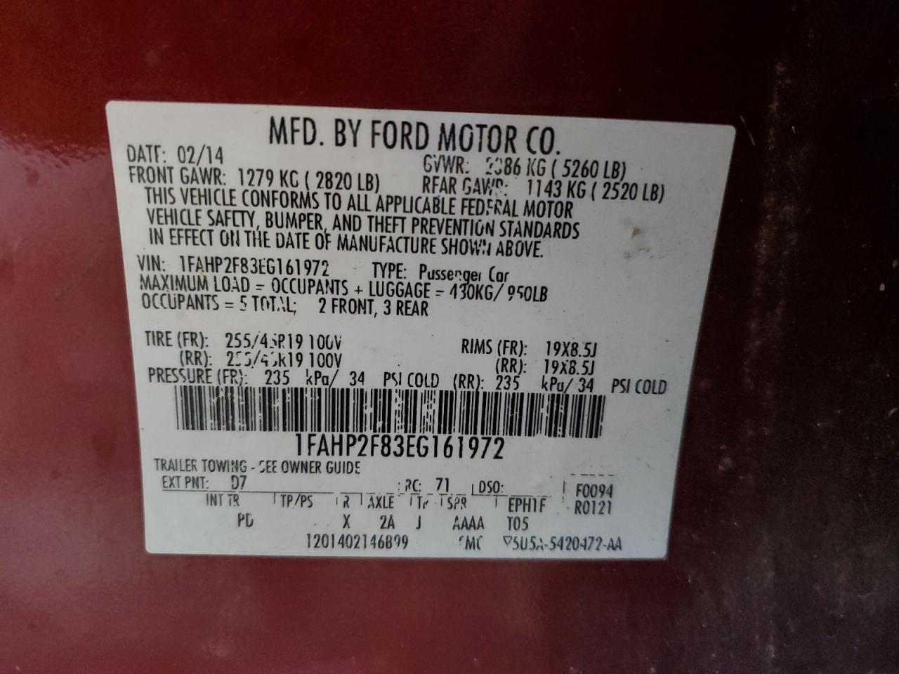 2014 Ford Taurus Limited VIN: 1FAHP2F83EG161972 Lot: 91878265