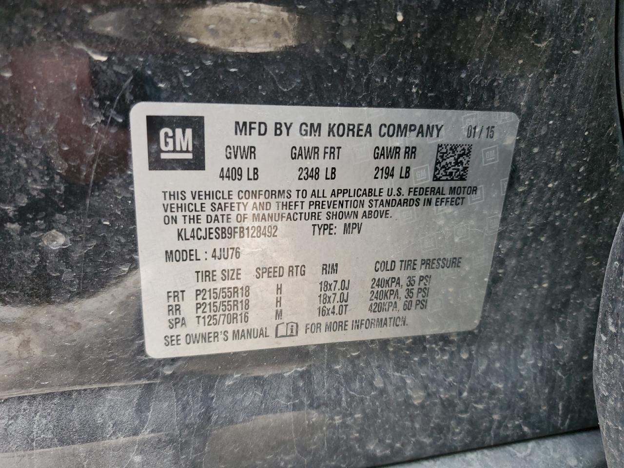 2015 Buick Encore VIN: KL4CJESB9FB128492 Lot: 91202565