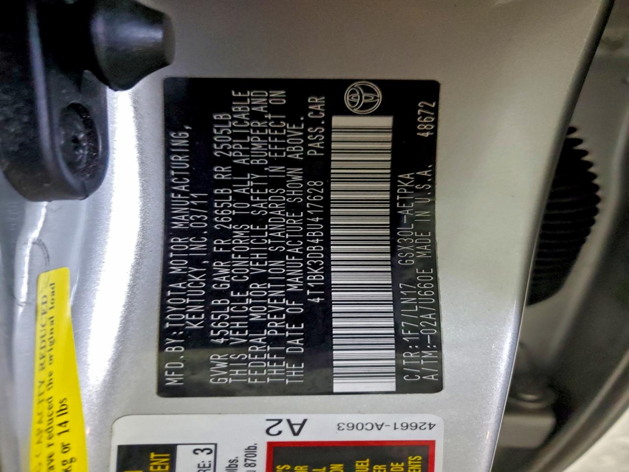 2011 Toyota Avalon Base VIN: 4T1BK3DB4BU417628 Lot: 94352335