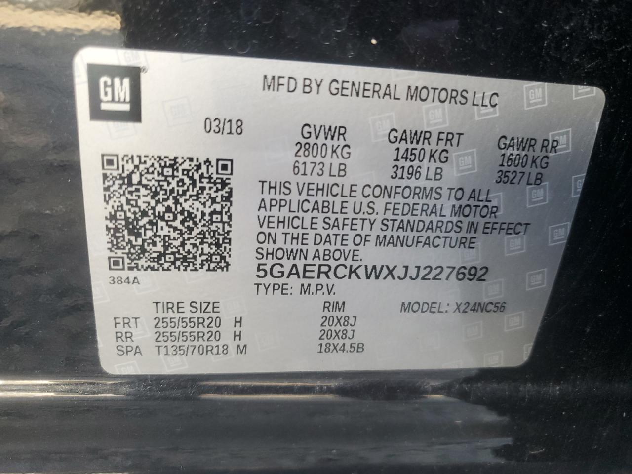 2018 Buick Enclave Premium VIN: 5GAERCKWXJJ227692 Lot: 92529895