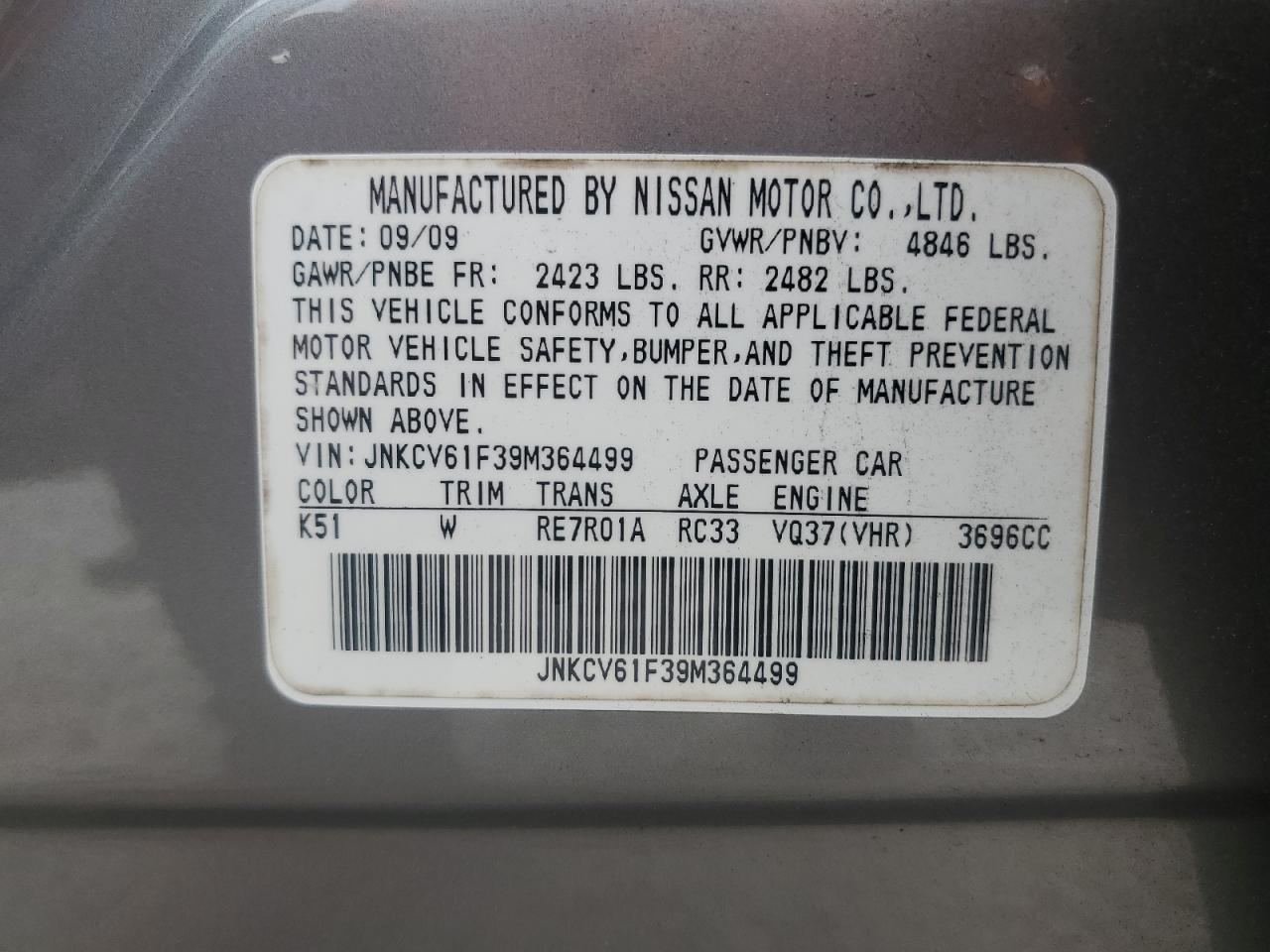 2009 Infiniti G37 VIN: JNKCV61F39M364499 Lot: 93544255