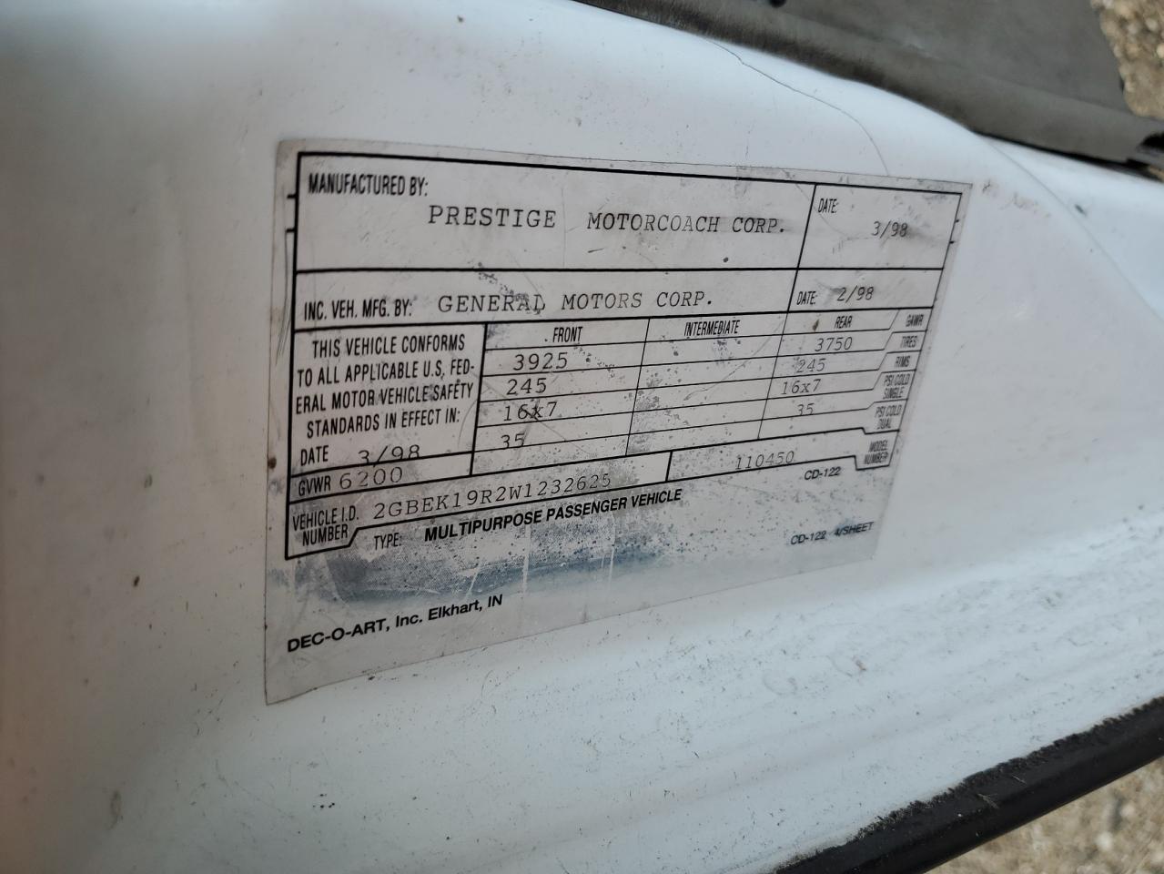 1998 Chevrolet Express G1500 VIN: 1GBFG15RXW1076111 Lot: 93122715