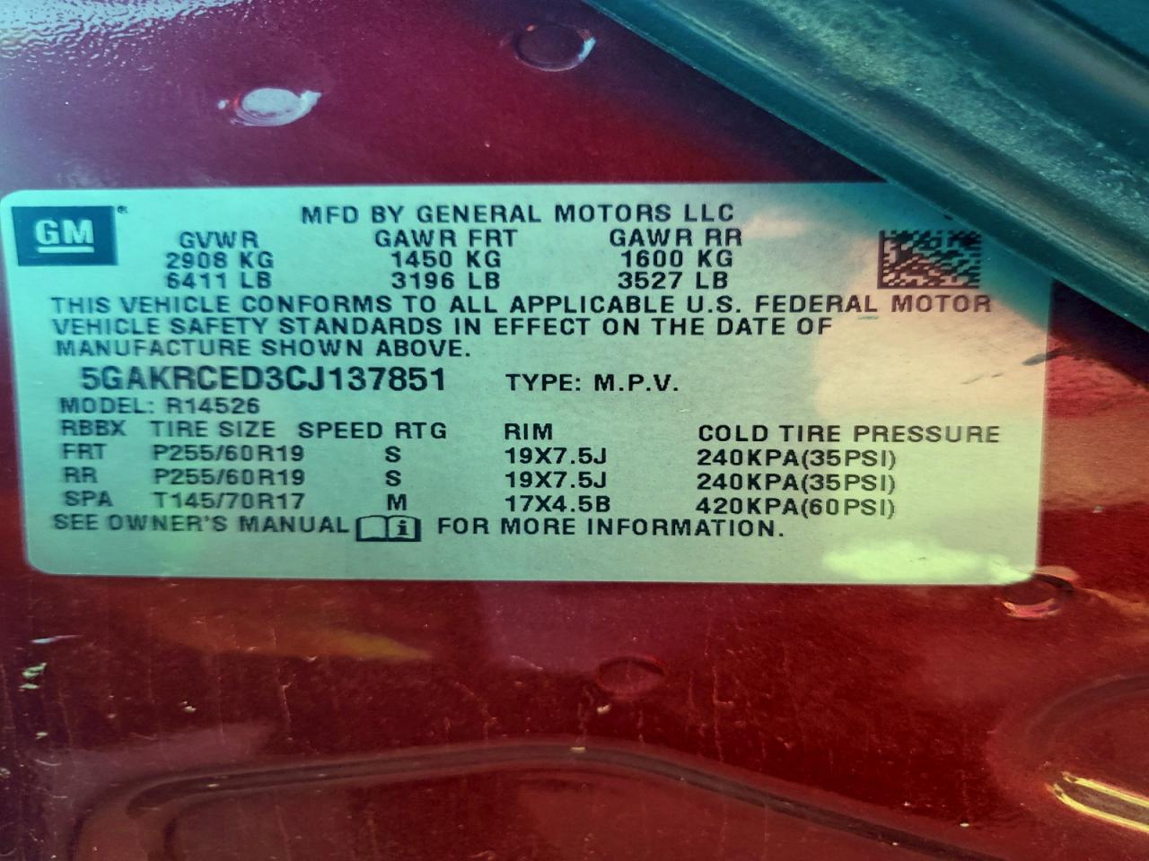 2012 Buick Enclave VIN: 5GAKRCED3CJ137851 Lot: 94542795