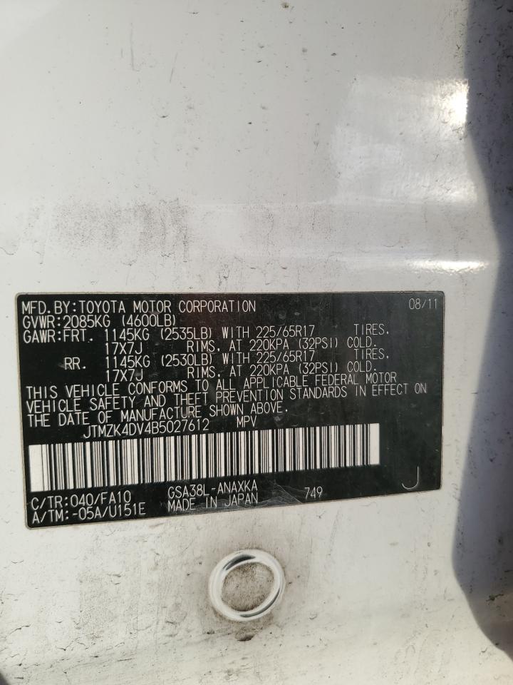 2011 Toyota Rav4 VIN: JTMZK4DV4B5027612 Lot: 92902615
