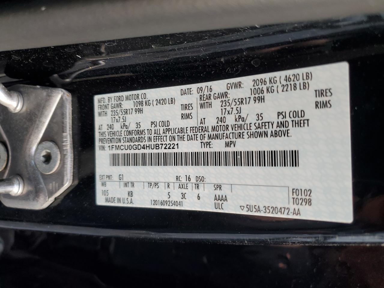 2017 Ford Escape Se VIN: 1FMCU0GD4HUB72221 Lot: 93240425