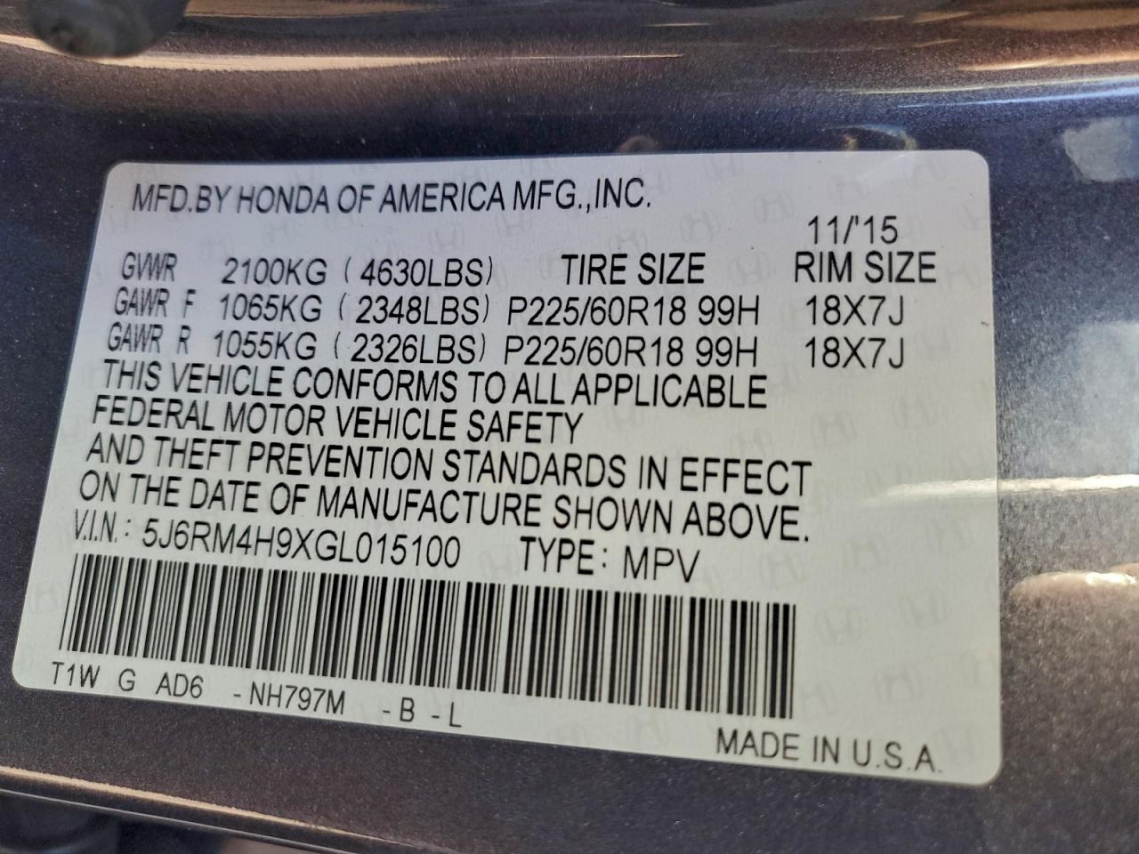 2016 Honda Cr-V Touring VIN: 5J6RM4H9XGL015100 Lot: 93192845