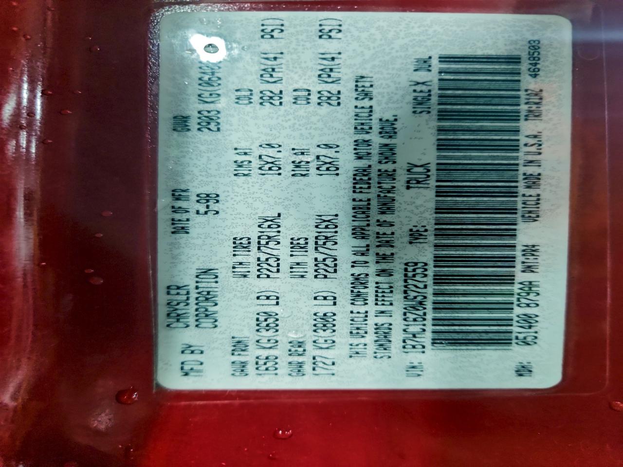 1998 Dodge Ram 1500 VIN: 1B7HC16Z0WS727559 Lot: 94369265