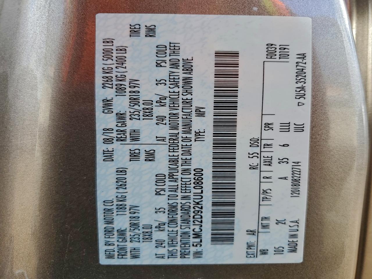 2019 Lincoln Mkc Select VIN: 5LMCJ2D92KUL08600 Lot: 93136345