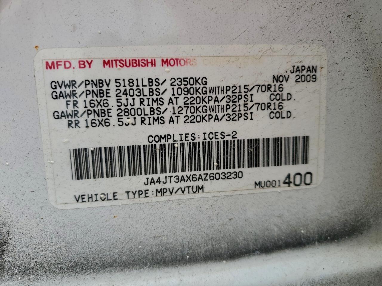 2010 Mitsubishi Outlander Xls VIN: JA4JT3AX6AZ603230 Lot: 93092865