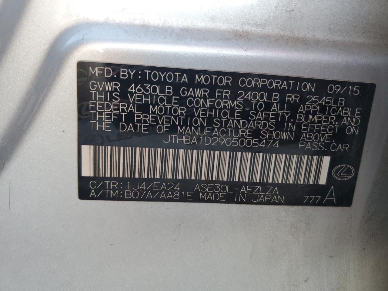 2016 Lexus Is 200T VIN: JTHBA1D29G5005474 Lot: 91572455