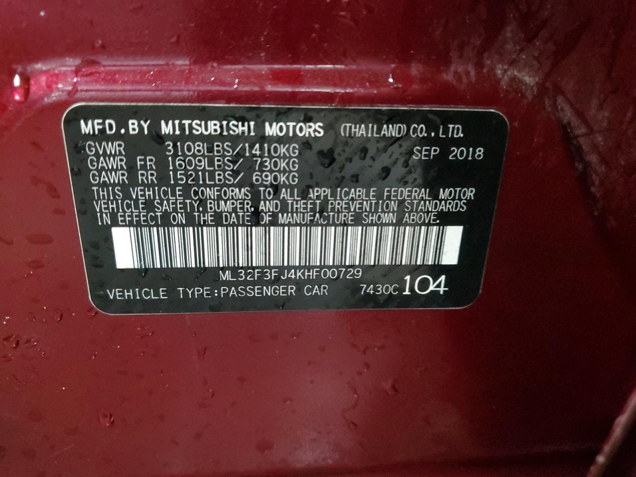2019 Mitsubishi Mirage G4 Es VIN: ML32F3FJ4KHF00729 Lot: 91786935