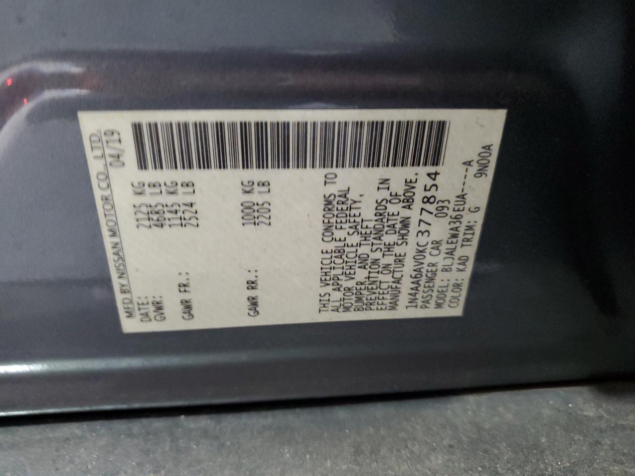 2019 Nissan Maxima S VIN: 1N4AA6AV0KC377854 Lot: 91941375