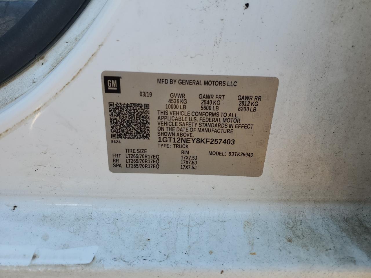 2019 GMC Sierra K2500 Heavy Duty VIN: 1GT12NEY8KF257403 Lot: 91572875