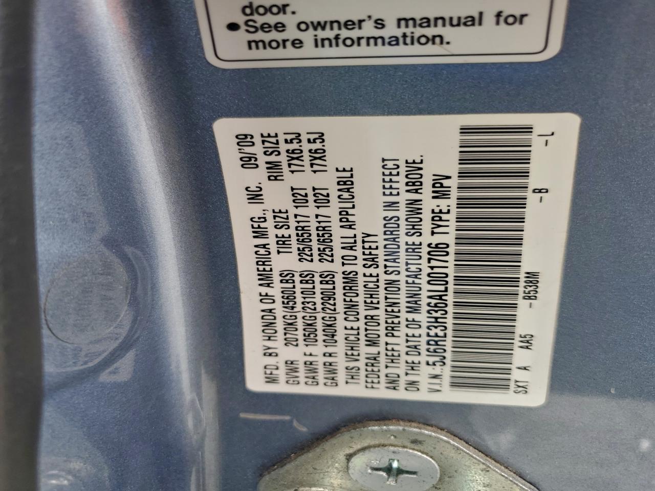 2010 Honda Cr-V Lx VIN: 5J6RE3H36AL001706 Lot: 94039875