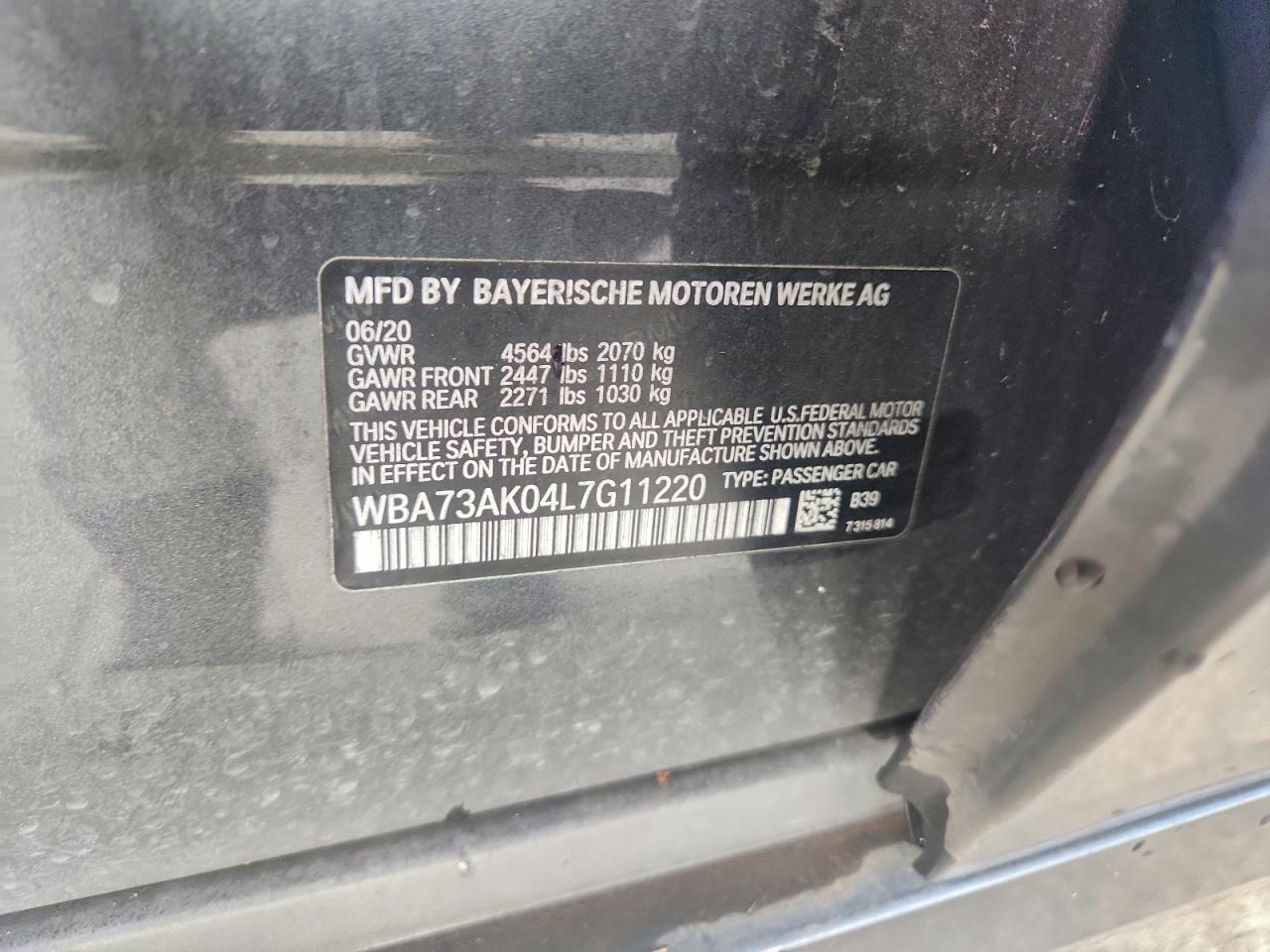 2020 BMW 228Xi VIN: WBA73AK04L7G11220 Lot: 93936685