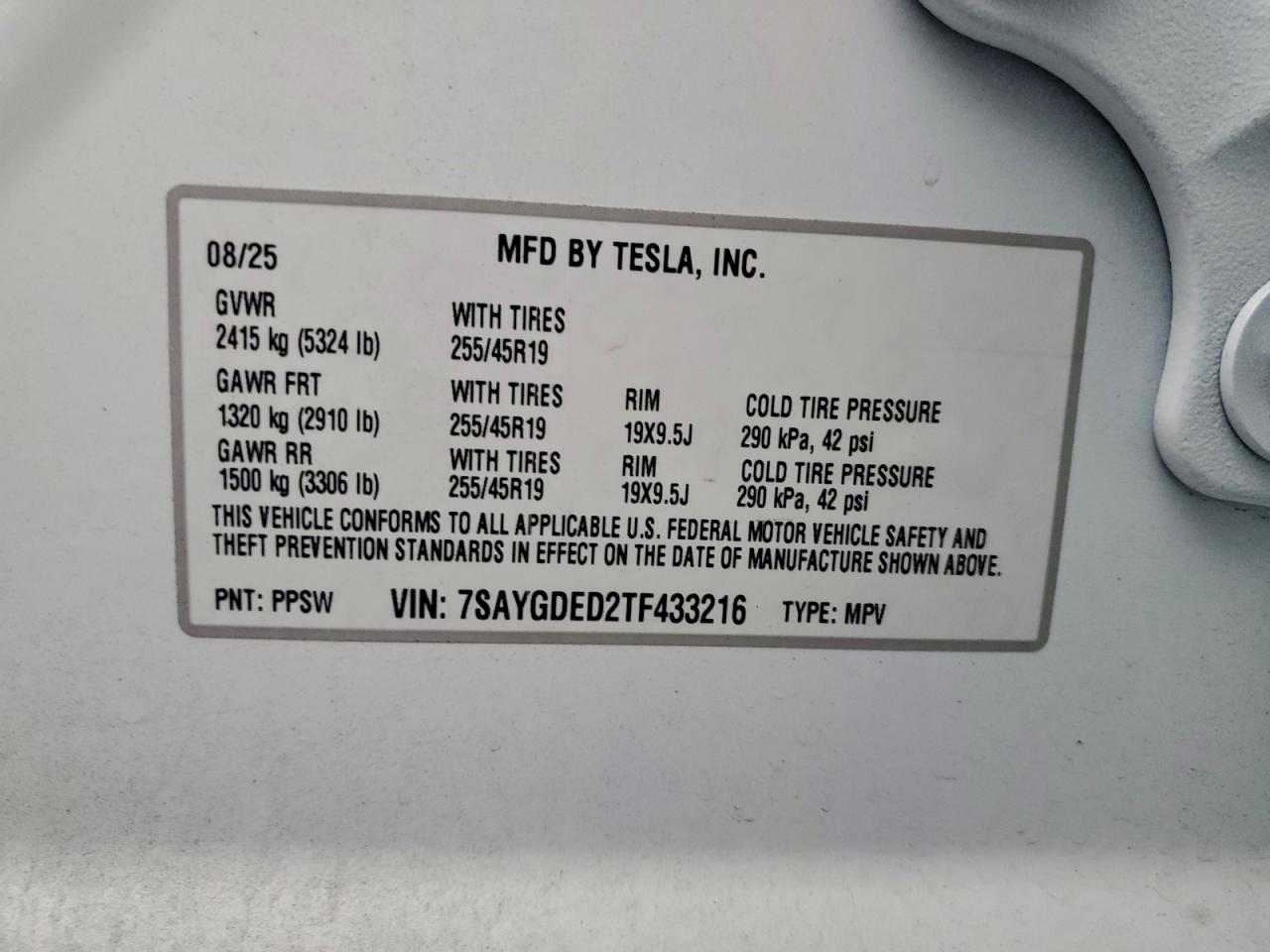 2026 Tesla Model Y VIN: 7SAYGDED2TF433216 Lot: 94451965