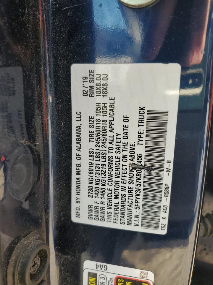 2019 Honda Ridgeline Rtl VIN: 5FPYK3F57KB032456 Lot: 91109955