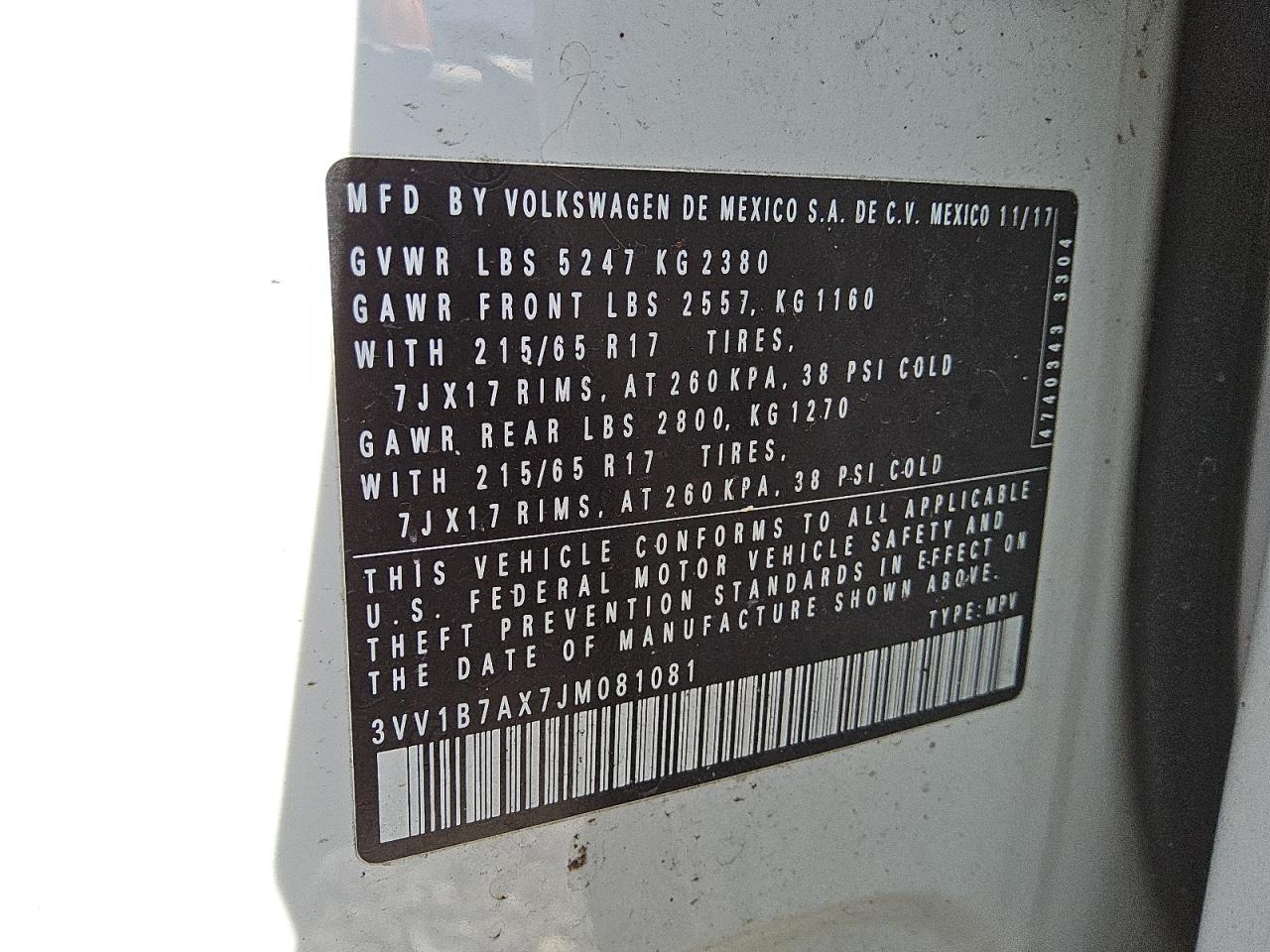 2018 Volkswagen Tiguan S VIN: 3VV1B7AX7JM081081 Lot: 91599275