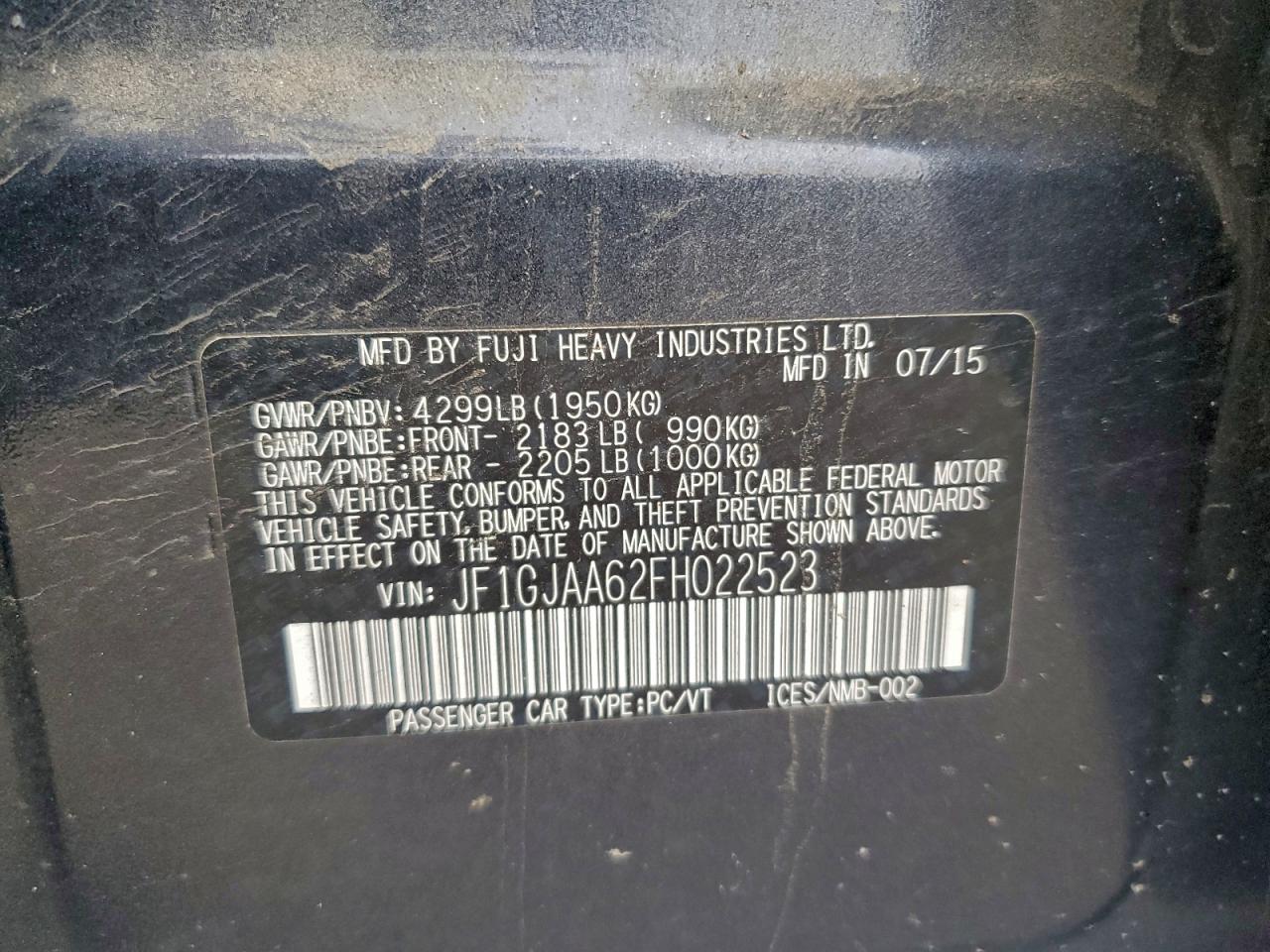 2015 Subaru Impreza VIN: JF1GJAA62FH022523 Lot: 93433255