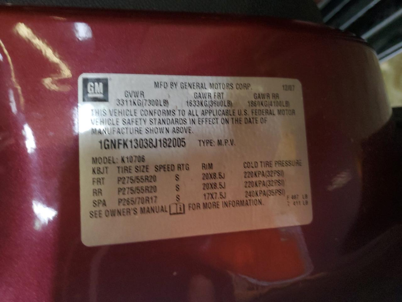 2008 Chevrolet Tahoe K1500 VIN: 1GNFK13038J182005 Lot: 93406815