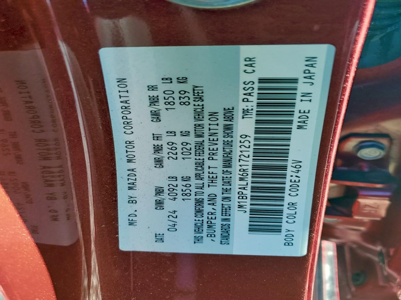 2024 Mazda 3 Preferred VIN: JM1BPALM6R1721259 Lot: 94563785