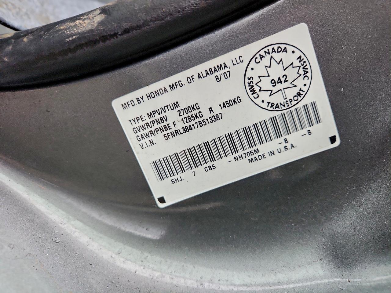 2007 Honda Odyssey Ex VIN: 5FNRL38417B513387 Lot: 92721425