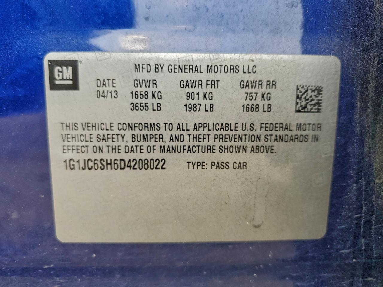 2013 Chevrolet Sonic Lt VIN: 1G1JC6SH6D4208022 Lot: 94274935